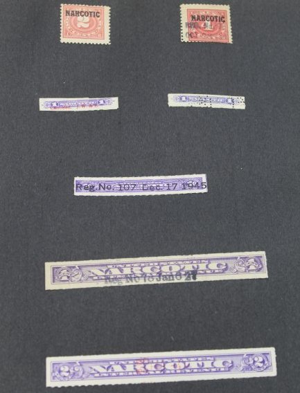 7 Narcotic Opium Cocaine Morphine etc. Tax Revenue Stamps: Please see the pictures for what is included and condition. all stamps are on Hinges and NOT Pasted, from the collection of an avid stamp collector