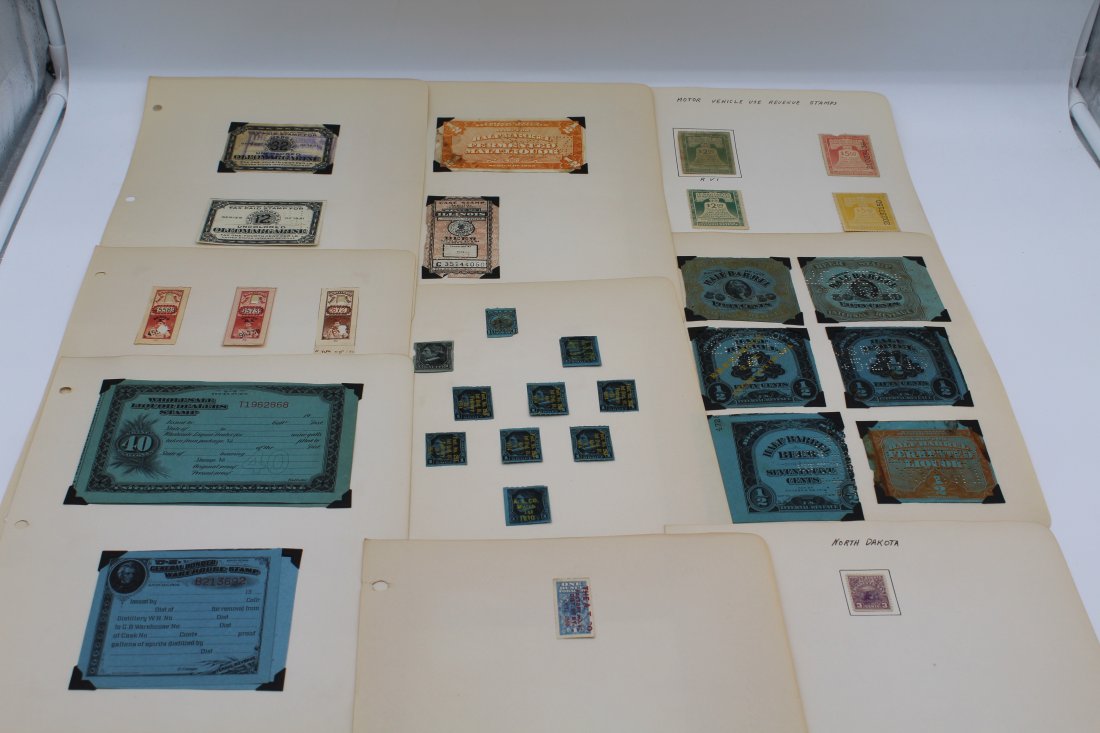 Lot of Liquor Beer Cigars Snuff Vehicle Medicine and Cigarette Revenue Tax Stamps: Please see the pictures for what is included and condition - some of these stamps are quite rare - all stamps are on Hinges and NOT Pasted, from the collection of an avid stamp collector