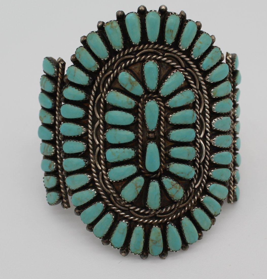 Stunning ZUNI Squash Blossom Sterling Silver and Turquoise Bracelet (1 of 4)