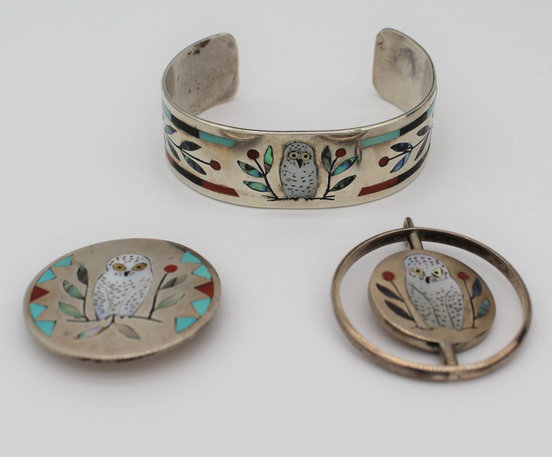 Derrick & Nichelle Edaakie ZUNI Turquoise Owl Jewelry Bracelet Brooch Pendant (1 of 7)