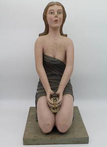 Folk Art Carved Wood Kneeling Woman Lady Liberty Candle Stick Patriotic