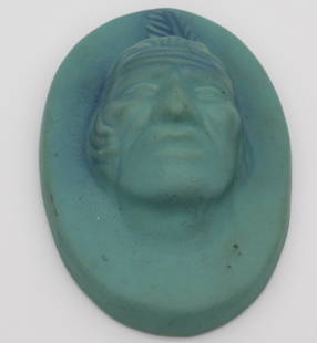 Van Briggle Indian A Ya Ni (Big Buffalo) Colorado Springs Pottery Wall Plaque: Van Briggle Indian A Ya Ni (Big Buffalo) Colorado Springs Pottery Wall Plaque in light blue 5 1/2" - no chips, cracks or Flaws