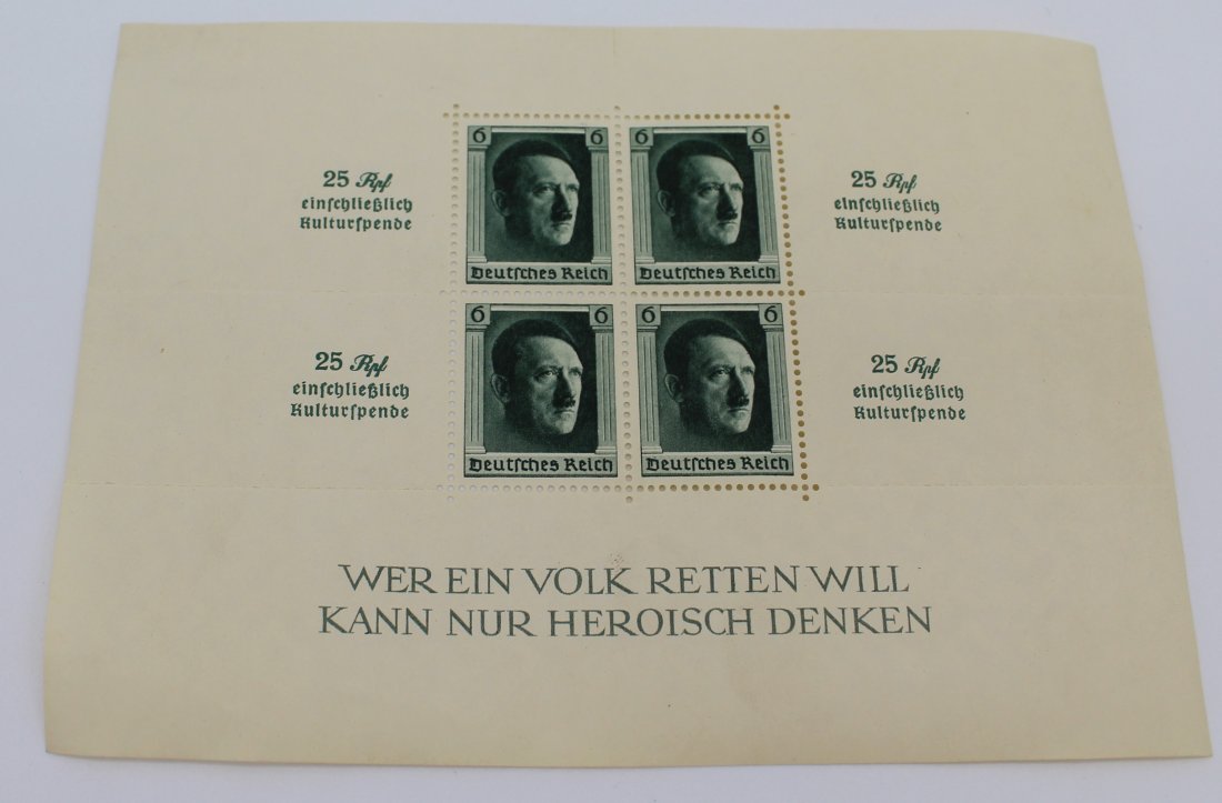 1937 Stamp Sheet Commemorating Adolf Hitler's 48th Birthday: issued on 10th June 1937 Stamp Sheet Commemorating Adolf Hitler's 48th Birthday. the Text Below Reads "He Who Wants to Save His People Must Think Heroically".