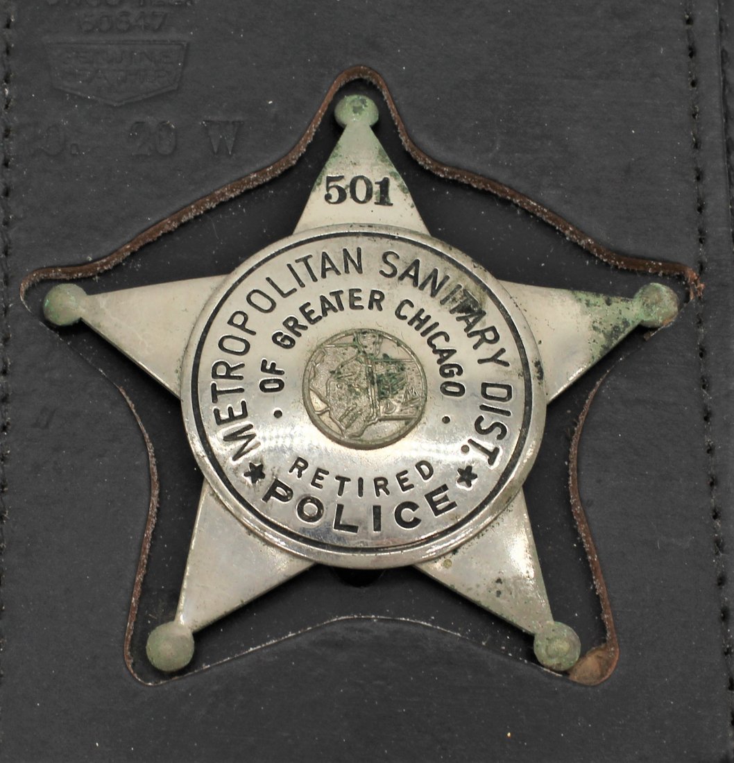 Obsolete circa 1970's Metropolitan Sanitary Dist. of greater Chicago Retired Police Badge: Obsolete circa 1970's Metropolitan Sanitary Dist. of greater Chicago Retired Police Badge w/ Wallet, ID (name etc. covered in Photo) and Patrolmen's Association Card ( name etc. Covered in Photo)- as