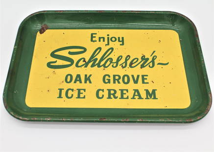 Schlosser's Oak Grove Ice Cream Indiana Tin Metal Tray: Schlosser's Oak Grove Ice Cream Indiana Tin Metal Tray - has rust as shown 15.25" x 10.375"