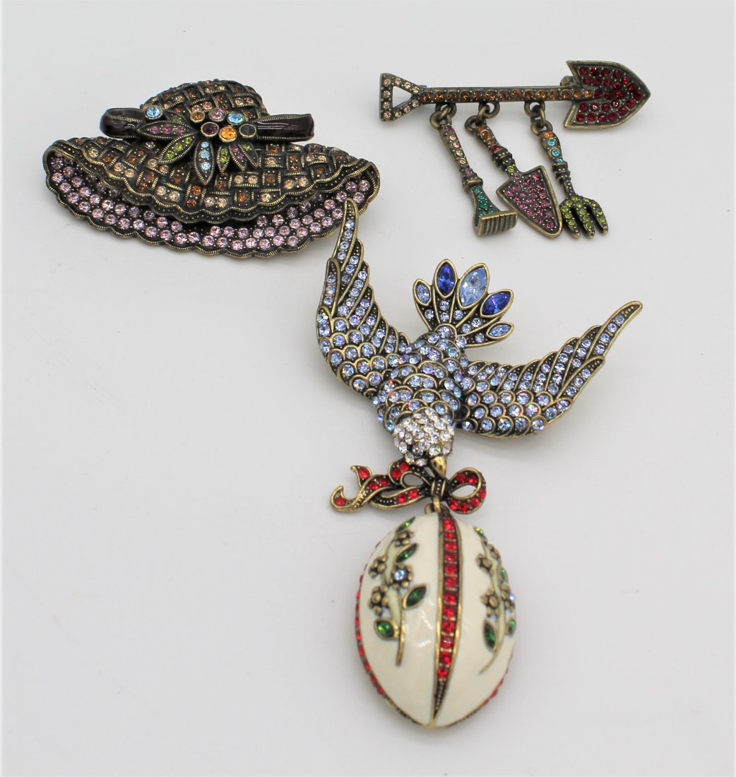 Heidi Daus Rhinestone 3 Brooch Pin Set Bird Gardening and Hat (1 of 7)