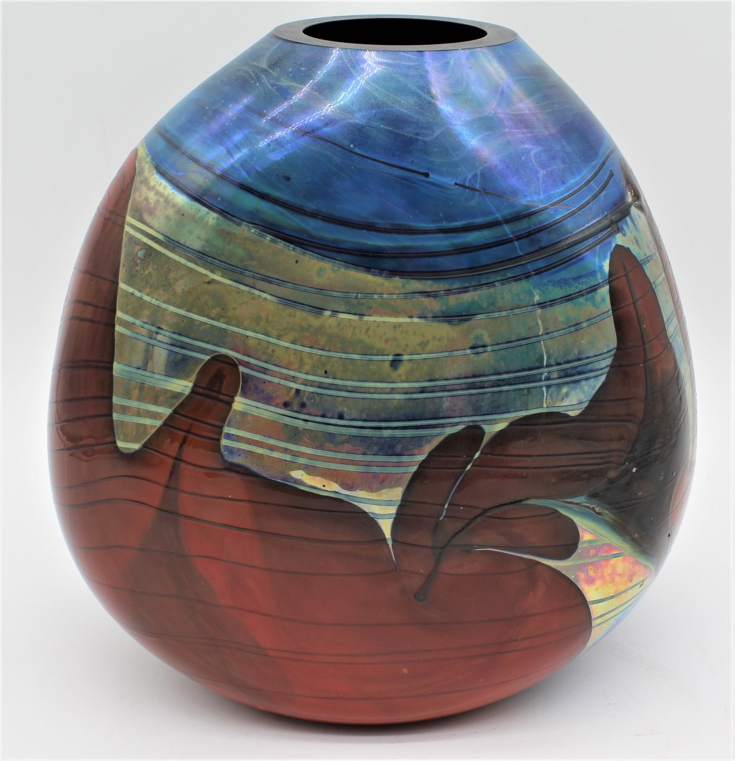 Joan Reep Silver Glass Studio Art Glass Large 8.5" Tall Red/Blue/Silver Signed Vase: Joan Reep Silver Glass Studio Art Glass Large 8.5" Tall Red/Blue/Silver Signed Vase -Great Shape, Nice Piece