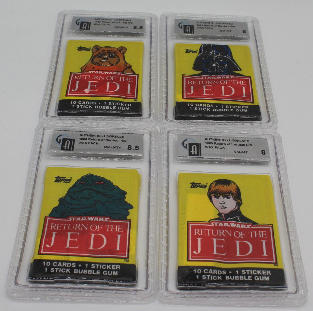 GAI Graded 8.0 & 8.5 Star Wars Return of the Jedi all 4 Wax Pack Designs Yellow Pack Topps (1 of 4)