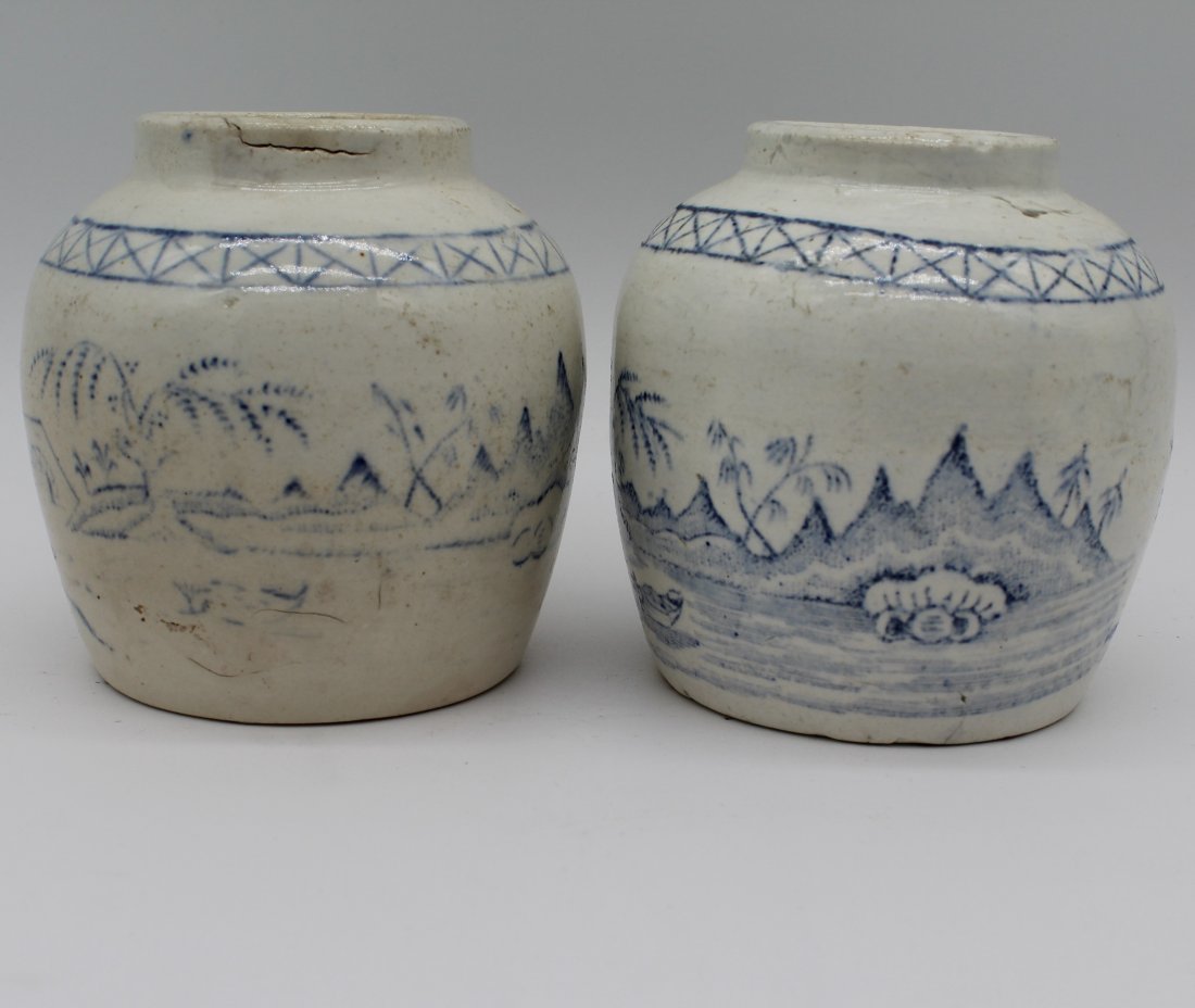Very Old Pair of Hand Made Hand Painted Chinese Pottery Crock Ware Blue and White Vase Pot  Willow (1 of 9)
