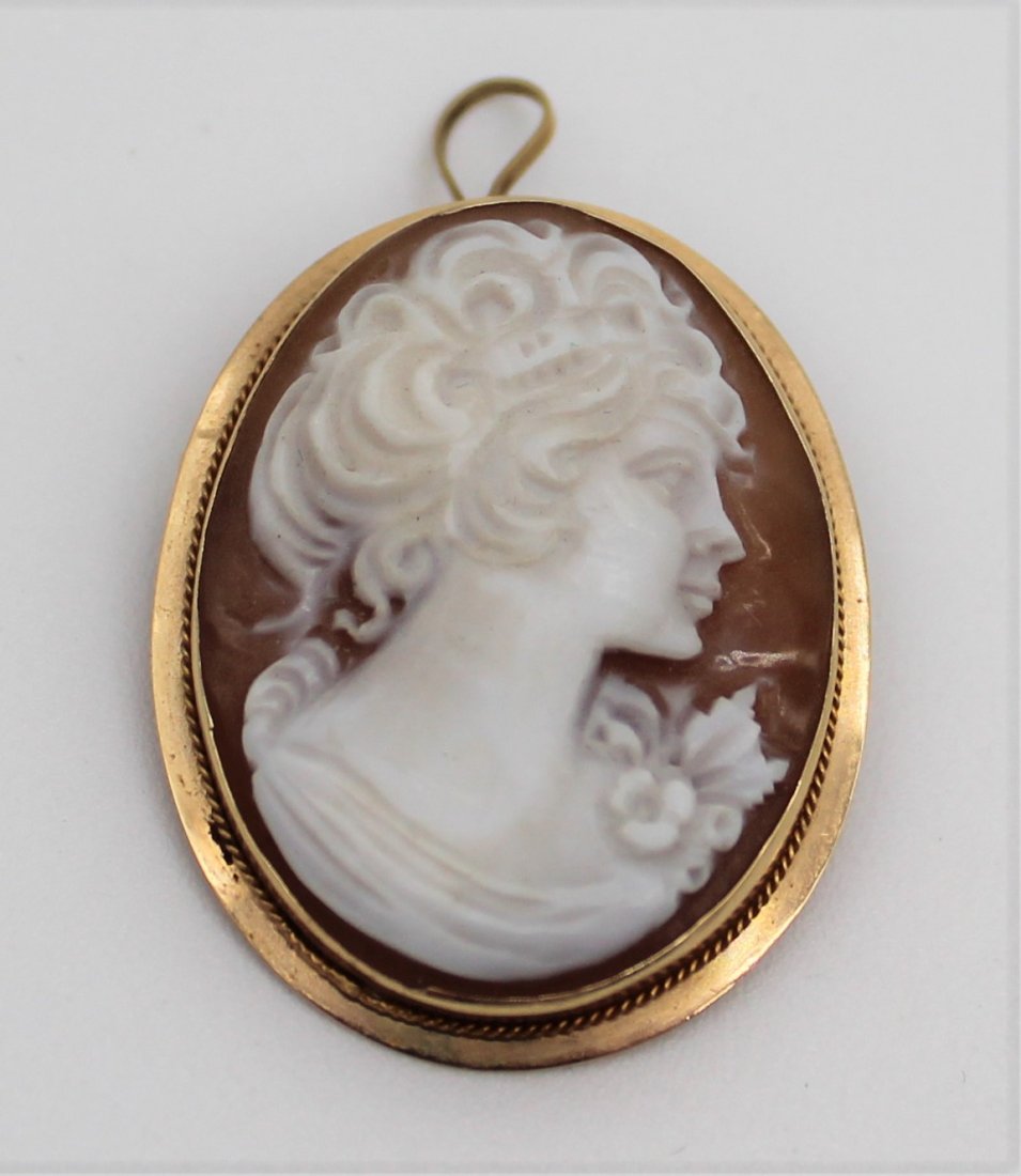 14K Gold Victorian Cameo Brooch Carved Conch Shell Lady Woman (1 of 2)