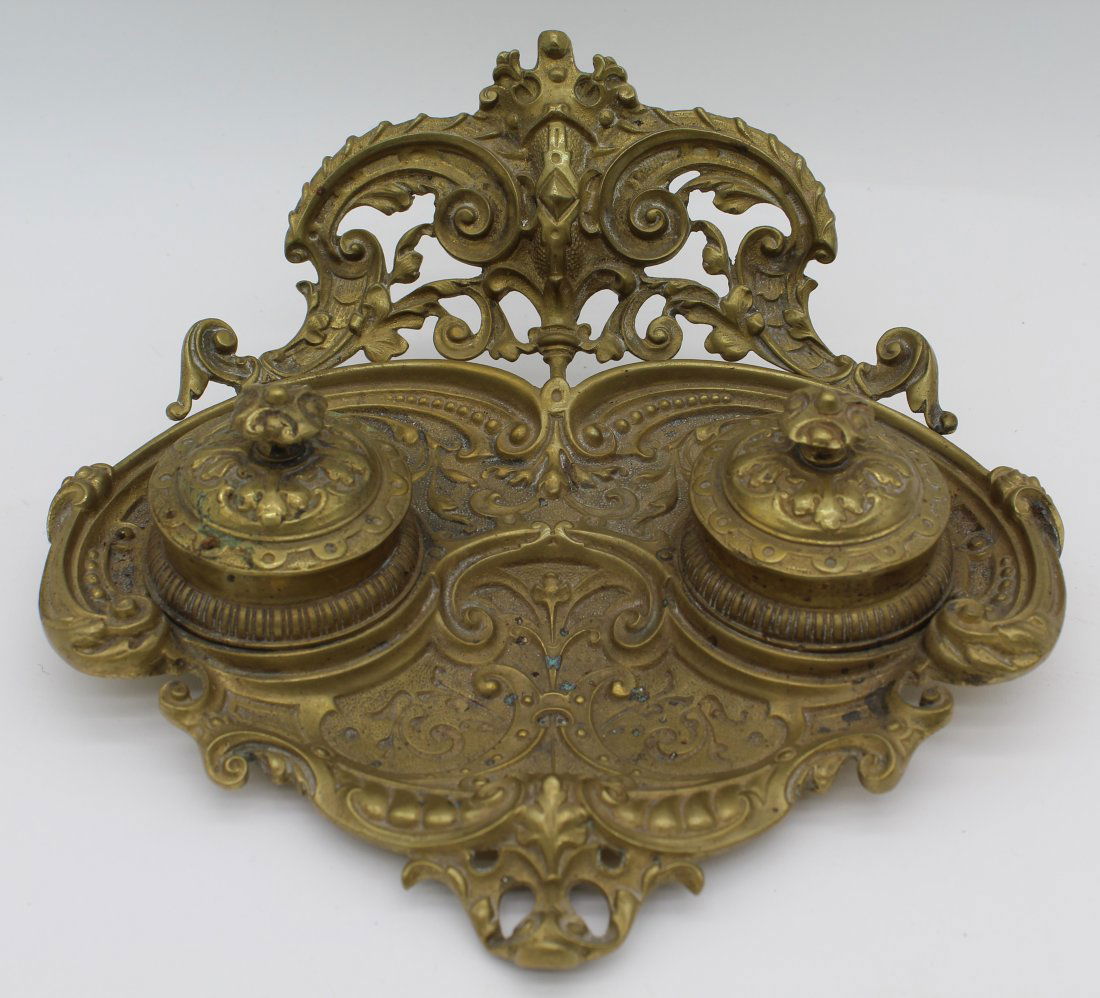 Intricate Ornate Brass Desk Inkwell Inkpot Holder (1 of 6)