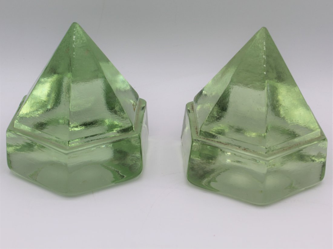 Pair of Large Light Green Glass Prism Pyramids Ship Deck Patio Paperweight (1 of 6)