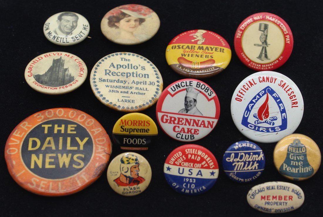 Lot of 15 Antique/Vintage Buttons Pin Backs 1930's Oscar Mayer Weiners Flash Gordon Advertisements (1 of 5)