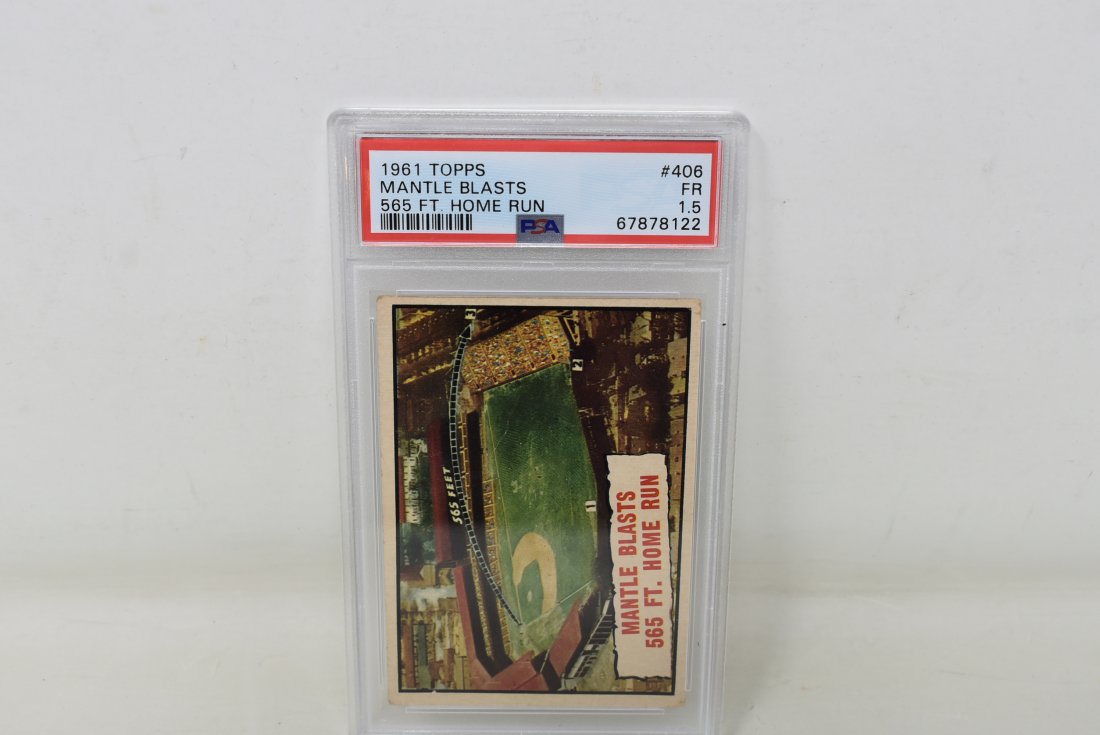 1961 TOPPS Mickey Mantle Blasts 565 Ft Homerun #406 Card PSA (1 of 3)