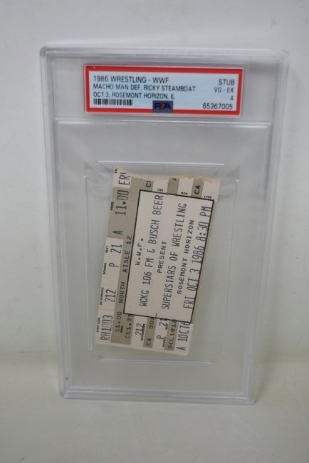 1986 WWF Wrestling Ticket Stub Macho Man PSA Graded: 1986 WWF Wrestling Ticket Stub, Macho Man, Rosemont Horizon Chicago, PSA VG-EX 4