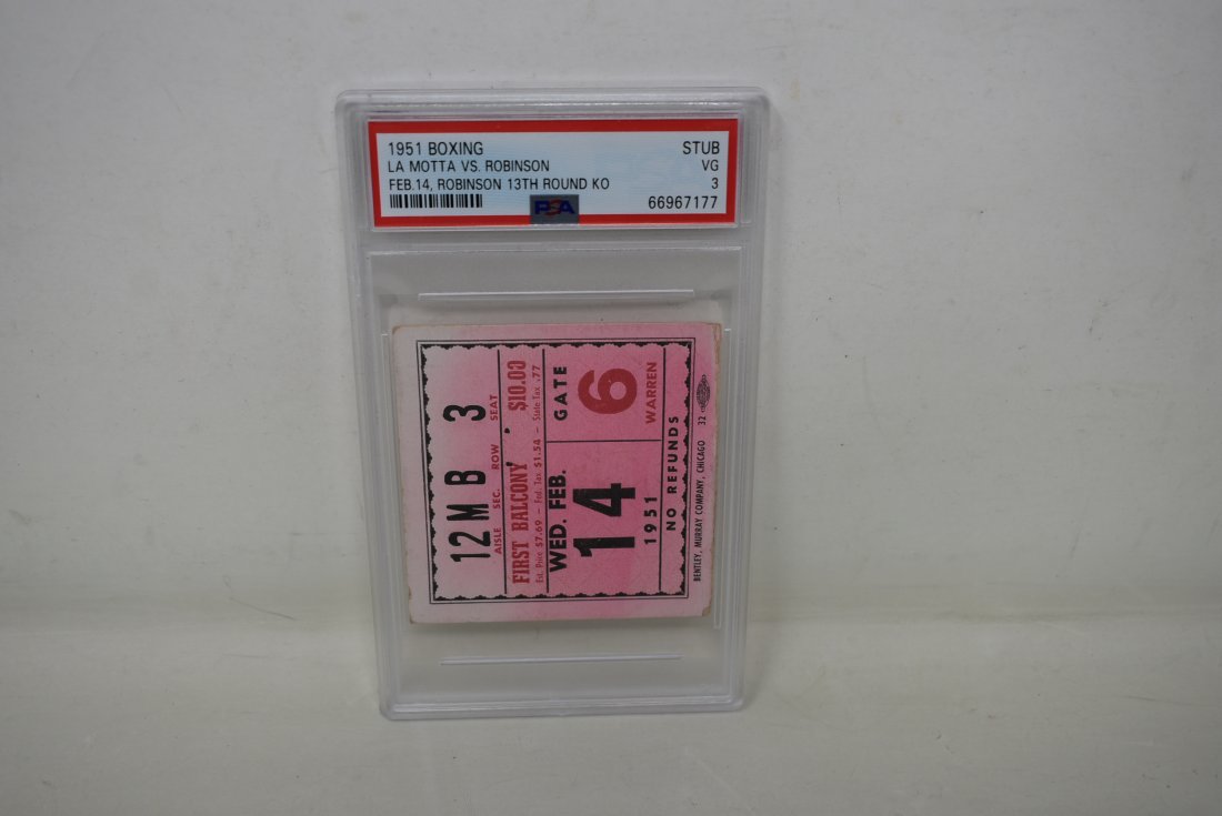 1951 Boxing LA Motta vs Robinson Ticket Stub PSA Graded: 1951 Boxing La Motta vs Robinson Ticket Stub, PSA Graded VG 3, Robinson 13th round knockout