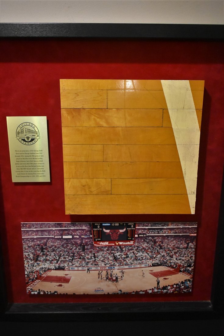 Framed Chicago Bulls Stadium Floor 1987-1994 COA: Framed Chicago Stadium Bulls Floor 1987-1994 with COA. Measures 23" x 28".