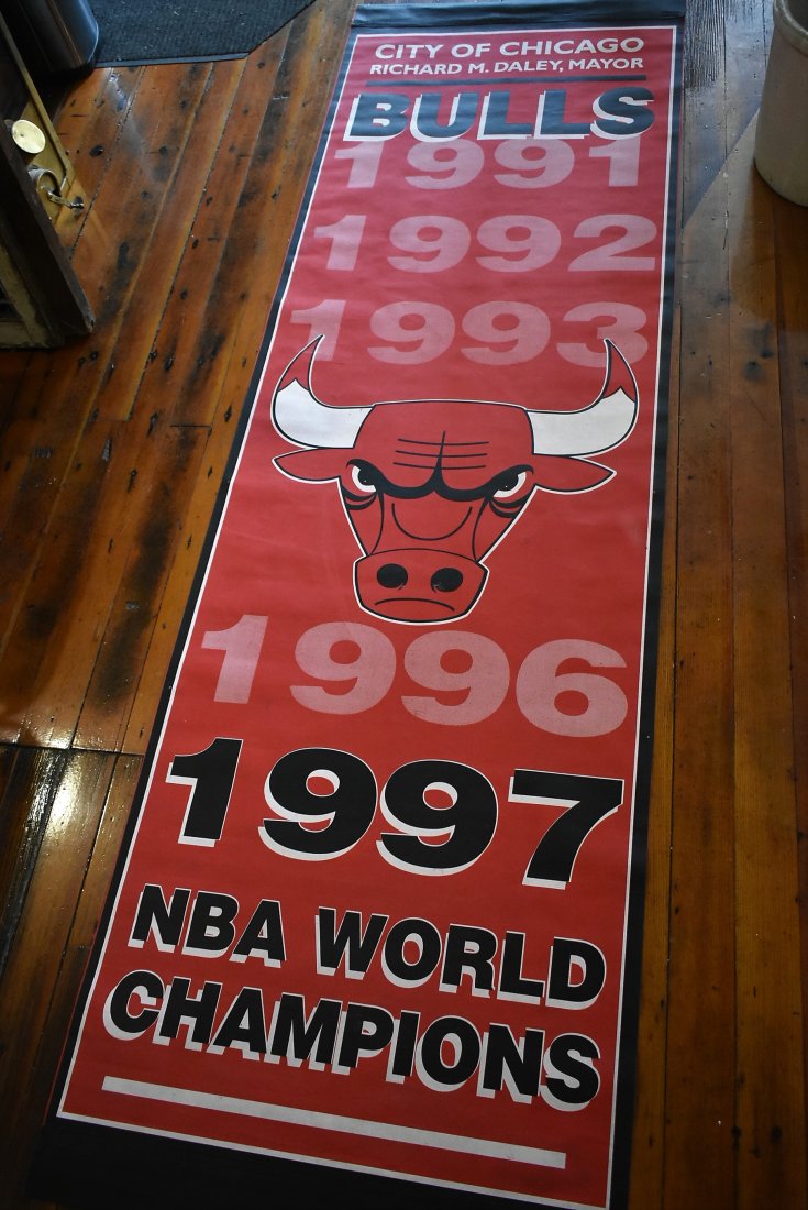 Chicago Bulls 5X NBA World Champions Office Banner BIG: Chicago Bulls 5 Times NBA World Champions Stadium Banner, Vinyl Coated Cloth, it measures 97" x 30". In nice condition with light wear. 2-sided. Nice piece.