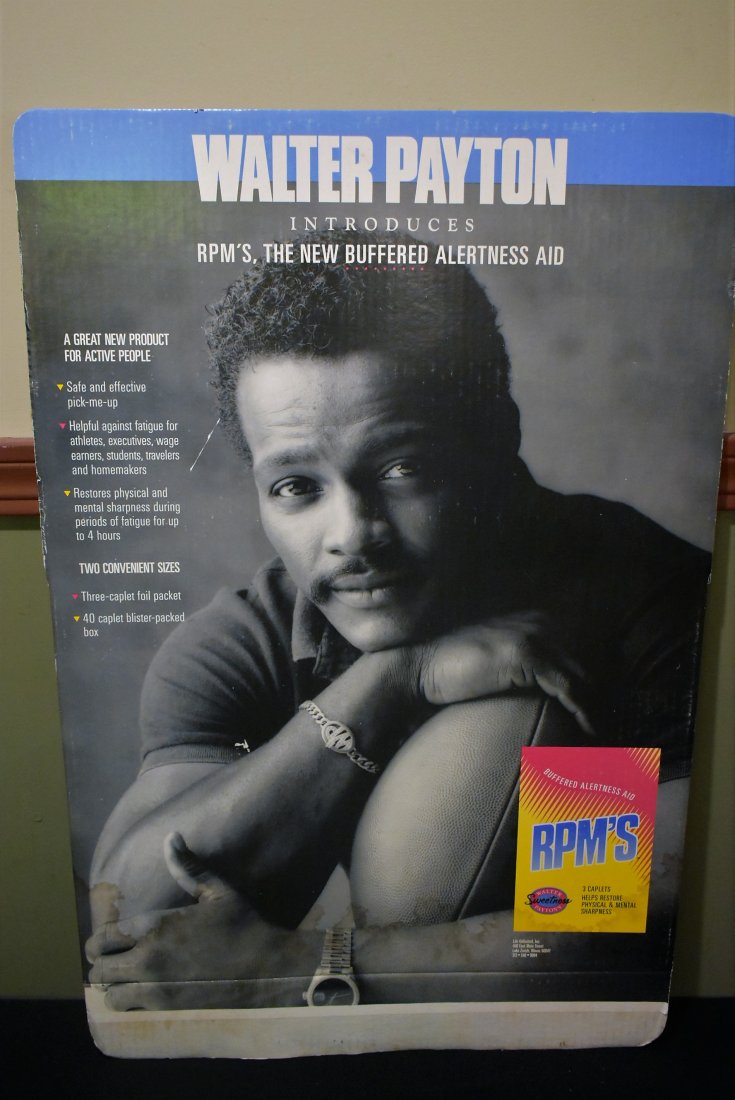 Vintage Walter Payton Advertising Display for RPMs: Vintage Walter Payton Advertising Display Piece for RPMs. It measures 28" x 18" and is made of cardboard. Has light wear.