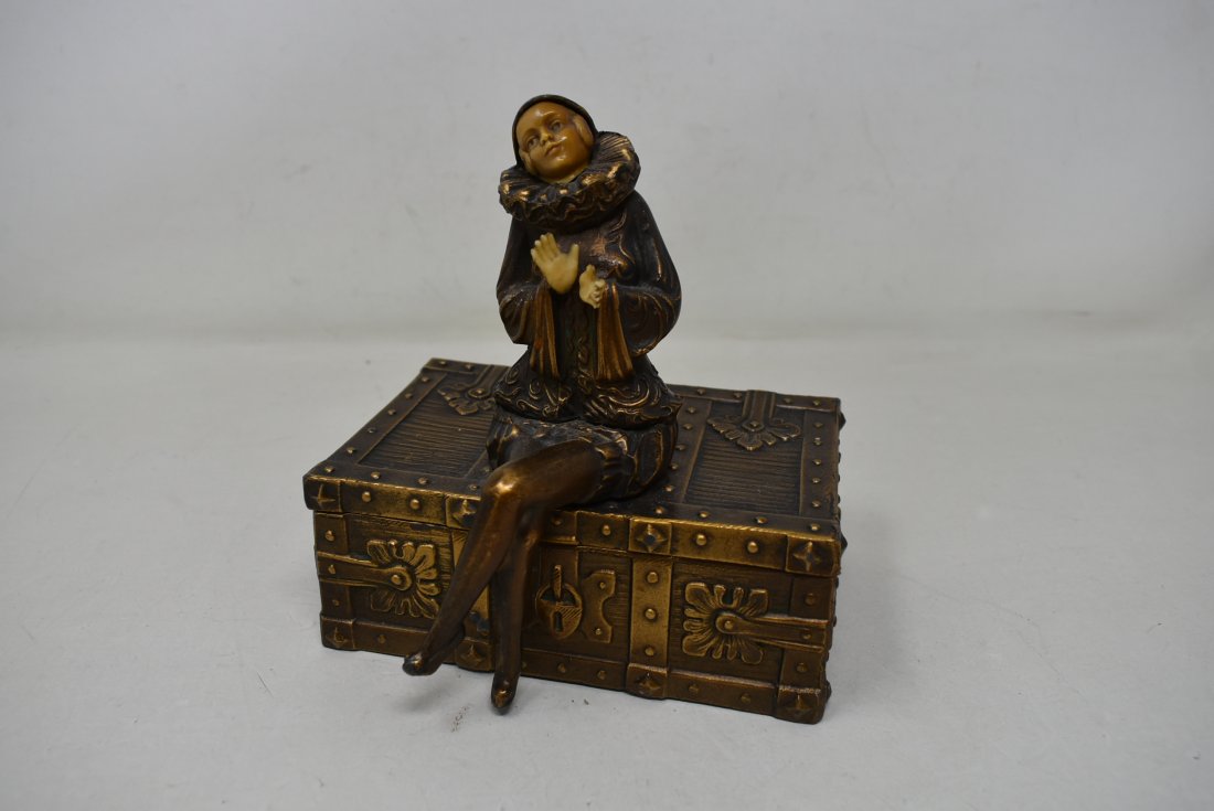 Art Deco Bronze Covered Lined Cigarette Box w Harlequin (1 of 6)