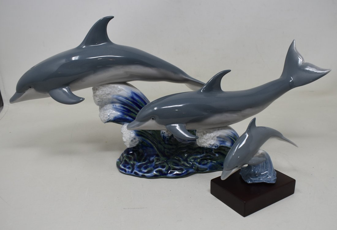 Lladro Lucky Dolphin & Dance of the Dolphins: 2 Lladro Figures, 5" "Lucky Dolphin" and 16" "Dance of the Dolphins". In nice conditon.