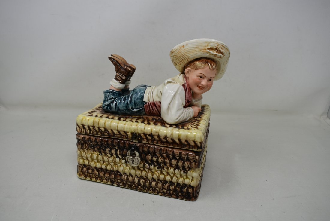 RARE Majolica Tobacco Box: Rare Majolica Tobacco Box/Jar. It measures 9"x7" with a boy on the lid.