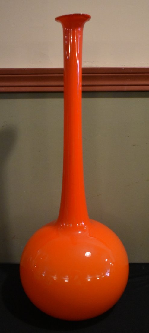 Tall Mid-Century Raymor Orange Long Neck Vase: Raymor Mid-Century Orange Tall Long-Neck Vase. It measures 24" tall and has the original Raymor Decal on the bottom.