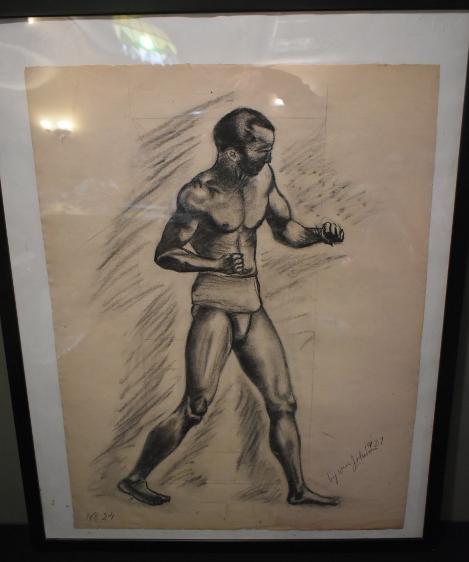 1927 Charcoal Sketch Male Boxer signed Wm Johnson (1 of 3)