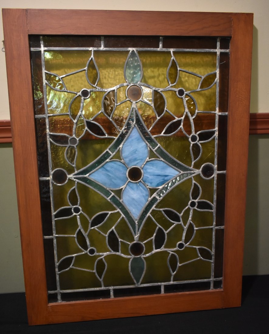 Beautiful Vintage Stained Glass Window w Jewels: Vintage Stained Glass Window with Jewels. In frame, it measures 30' x 23"