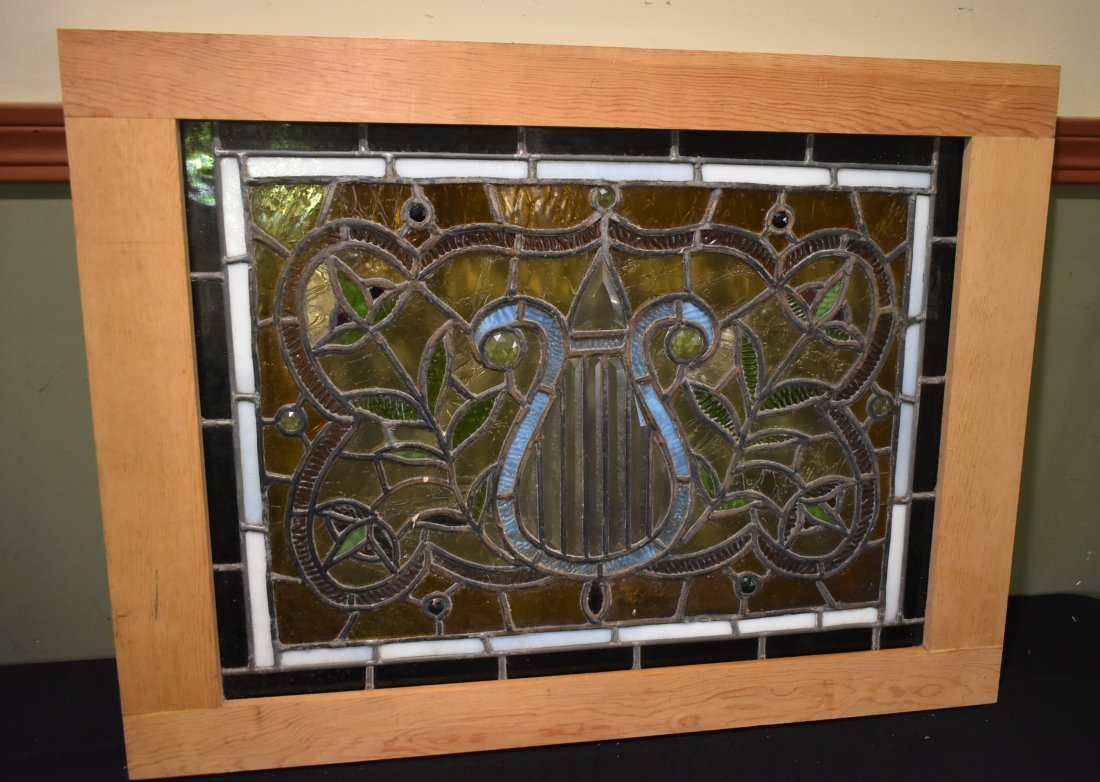 Vintage Stained Glass Window: Vintage Stained Glass Window with Jewels. In frame, it measures 30' x 23"