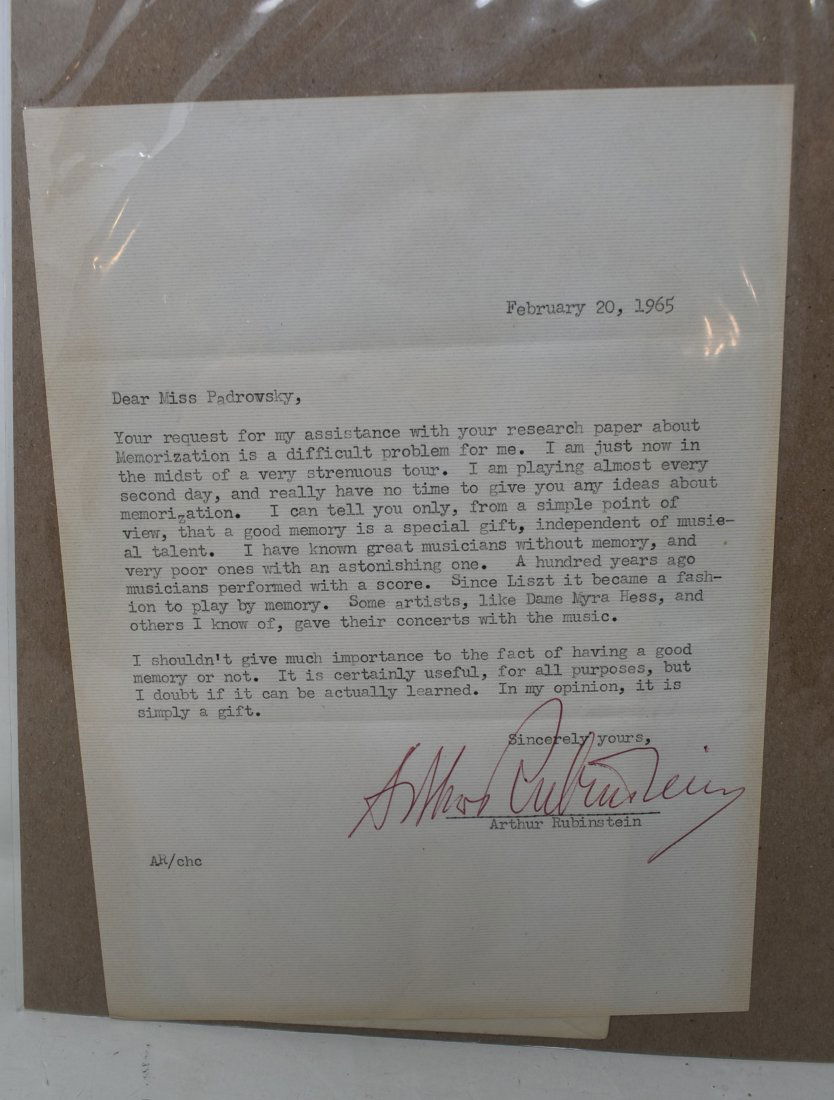 1965 Arthur Rubinstein Signed Letter (1 of 3)