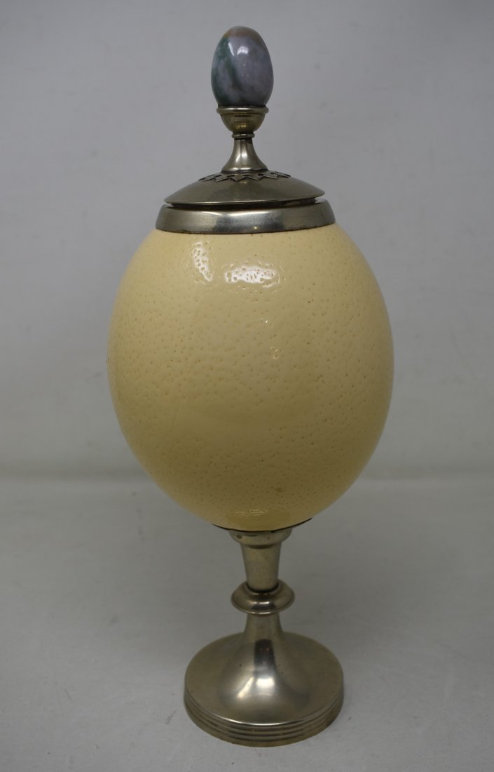 Ostrich Egg Beer Stein with Set On Malachite Lid: Ostrich Egg Beer Stein with Set On Lid with Malachite Egg Finial. It is signed A.J. Anthony Redmile. Very nice