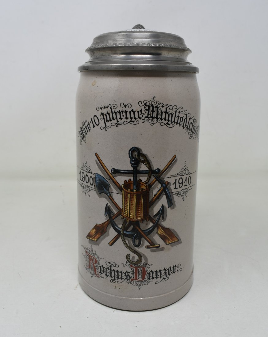 1 Liter German Stoneware Beer Stein w Nautical Crest Porcelain Lid (1 of 7)