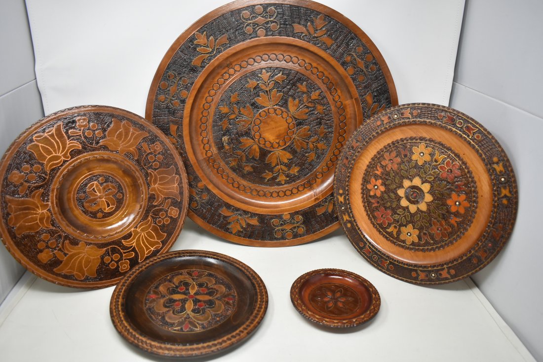 5 Vintage Polish Wood Folk Art Plates with Brass Inlay (1 of 7)
