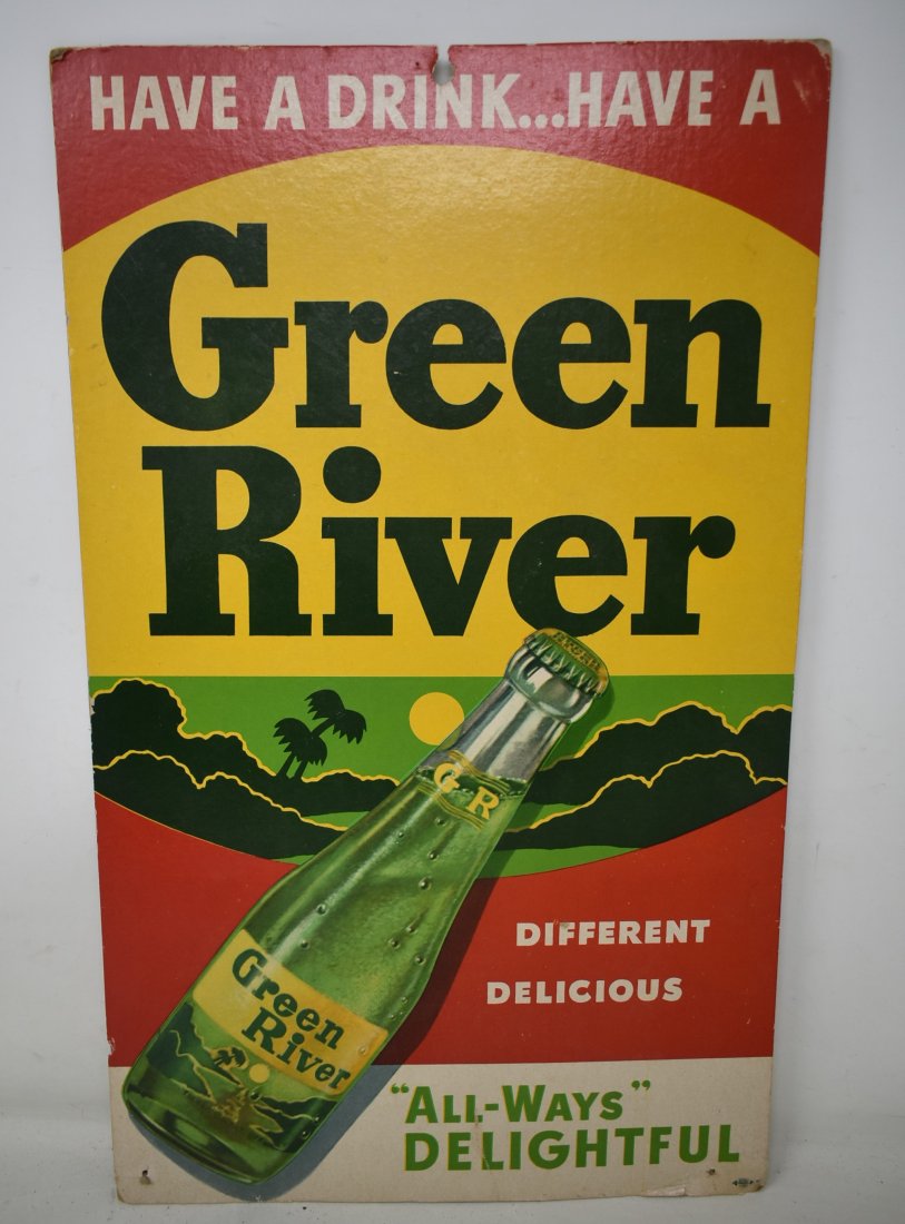 Vintage Green River Cardboard Counter Card Advertising Sign: Vintage Green River Soda Cardboard Counter Card Advertising Sign, 17" x 10". Has light wear, pin holes.