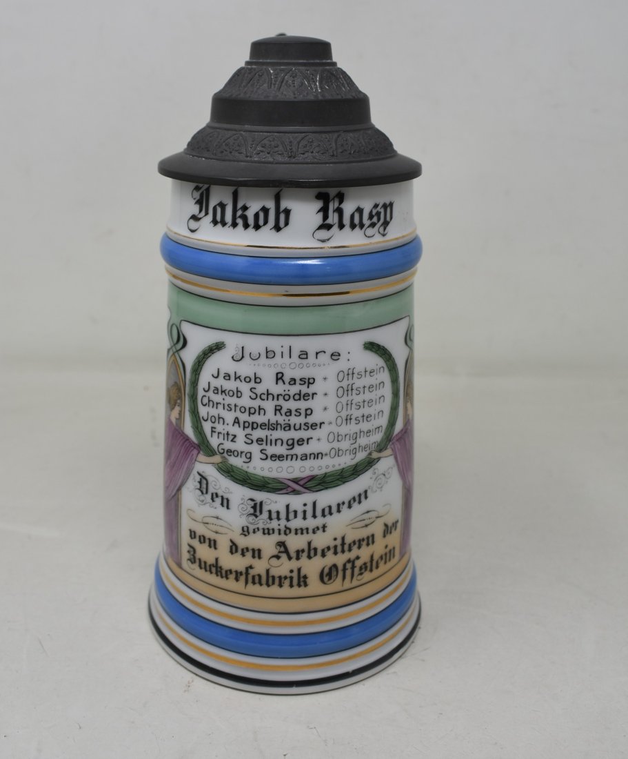1/2 Liter Porcelain Anniversary Beer Stein Jakob Rasp: 1/2 Liter Porcelain Anniversary Beer Stein with Great Lithopane Eagle Bottom. Dedicated to Jakob Rasp and family.