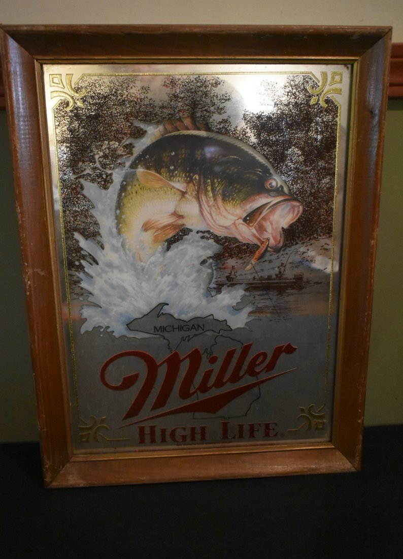 Miller High Life Beer Michigan Mirror Fishing: Miller High Life Beer Michigan Fishing Mirror. 21", some frame wear