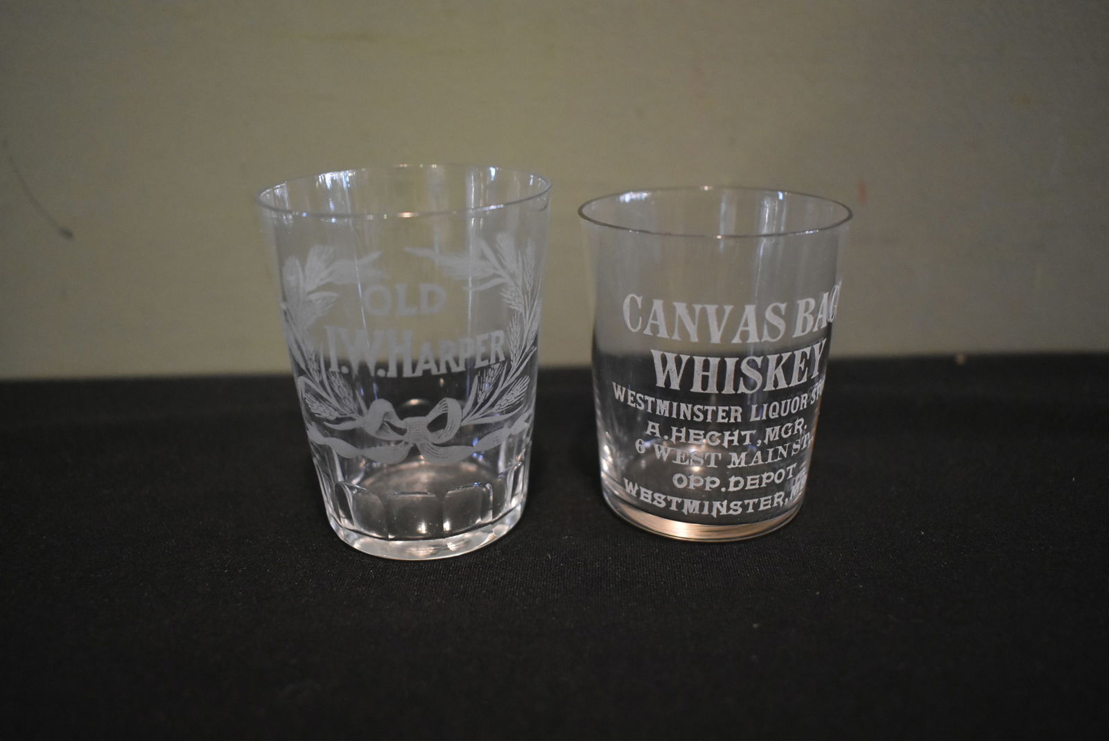 2 Pre-Pro Shot Glasses Canvas Back Whiskey & Old I.W. Harper: 2 Pre-Prohibition Shot Glasses, Canvas Back Whiskey and Old I.W. Harper. Nice condition