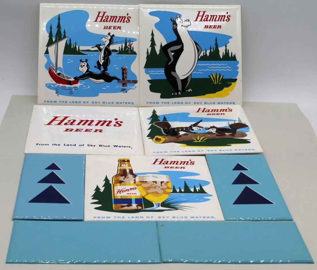 Hamm's Ceramtile Plastic Beer Tiles for Bar Back In Original Box: Hamm's Ceramtile Plastic Beer Tiles for Bar Back. They are new in the original box but show some small spots from storage on the back sides.