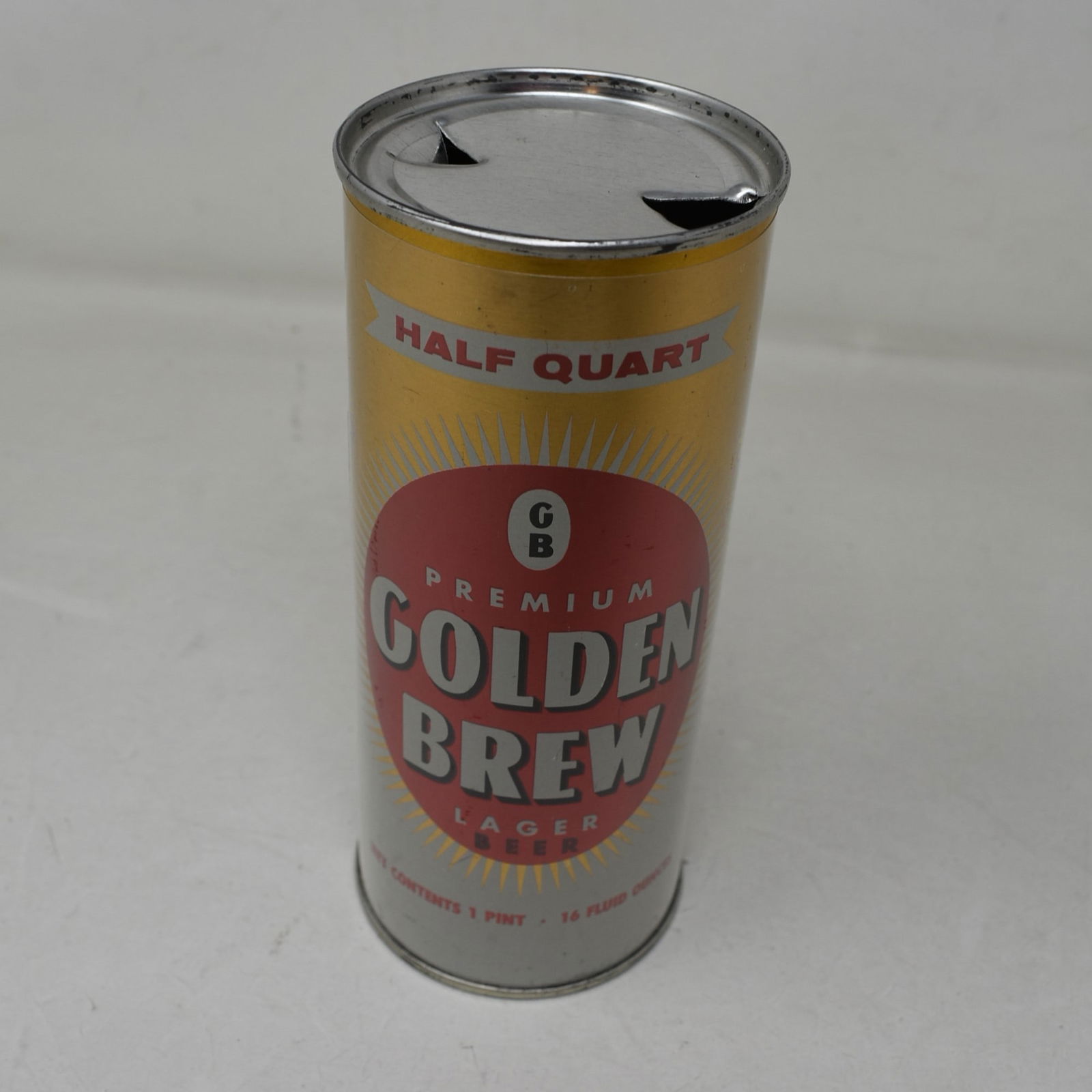 Golden Brew Lager Beer 16 Ounce Half Quart SS Flat Top Can Grace Bros Metallic 229-32 (1 of 6)