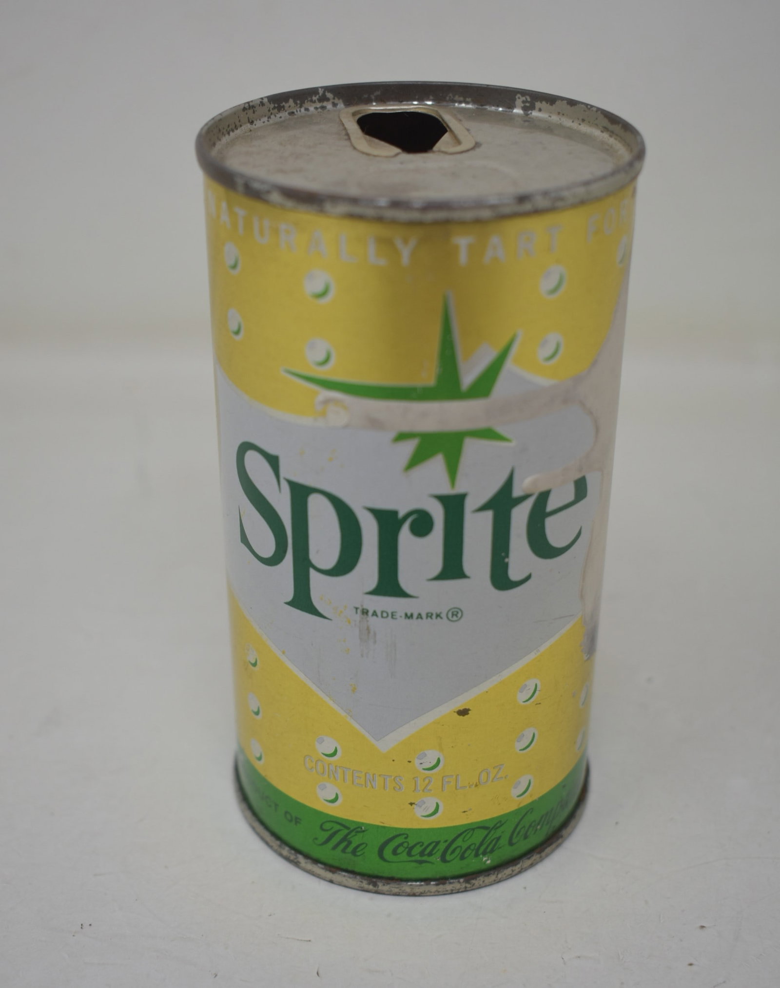 Sprite Soda Straight Seam Pull Tab Can: Sprite Soda Straight Seam Pull Tab Can. Has some white paint on one side.