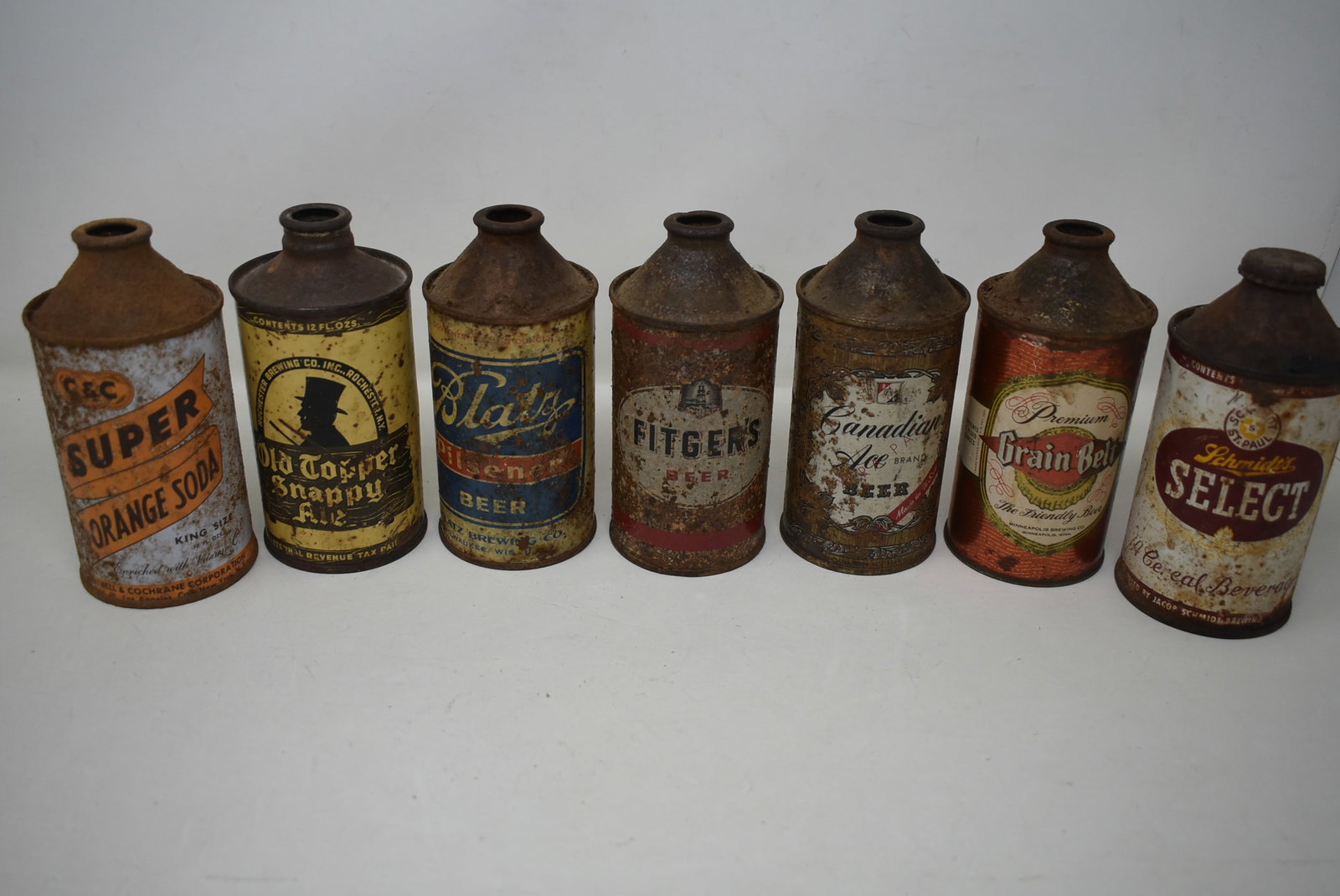 7 Cone Top Beer Cans: Lot of 7 Cone Top Beer Cans. Some Rust, spotting, etc.