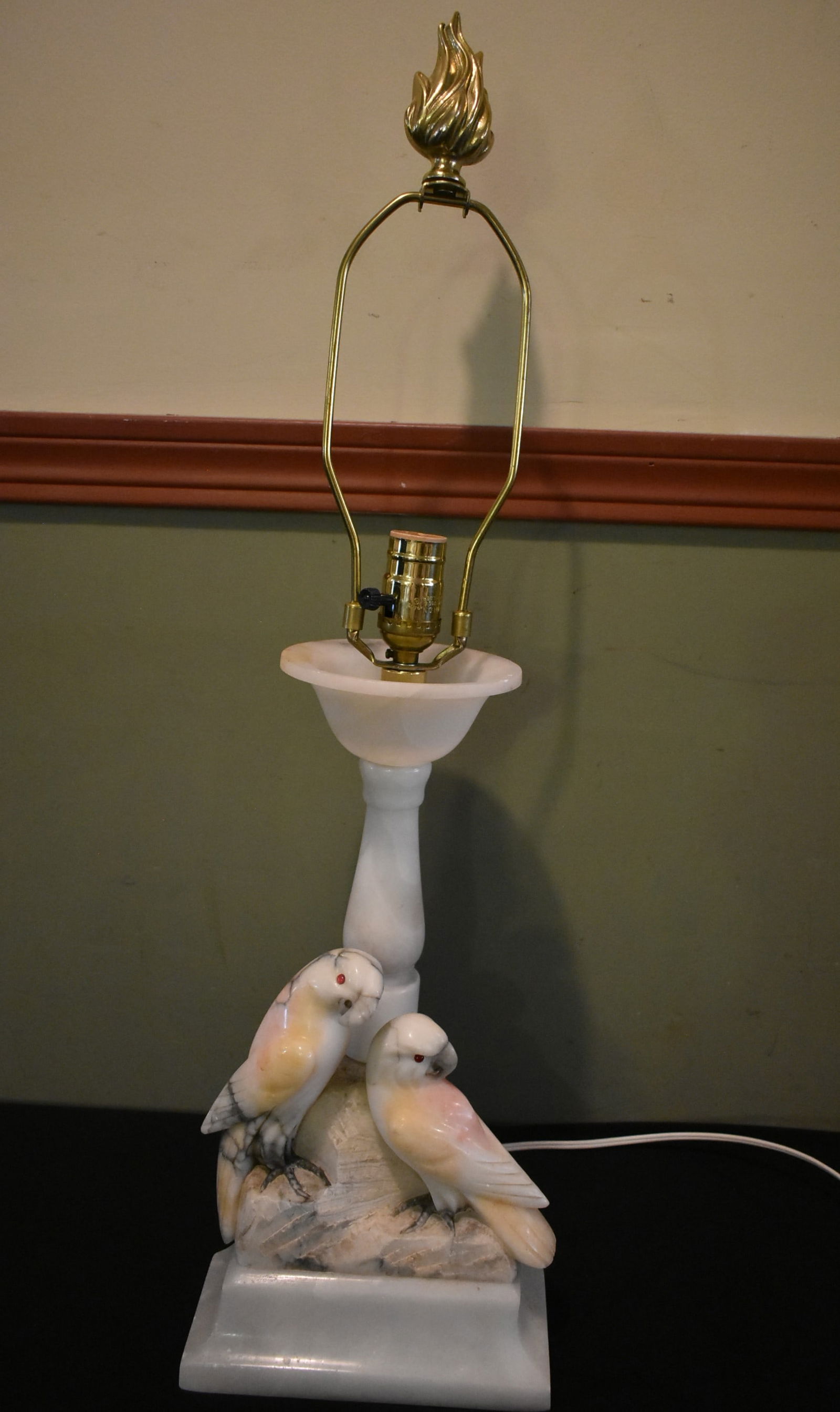 Carved White & Pink Alabaster Lamp with Parrots: Carved White & Pink Alabaster Lamp with Parrots. Works well. Lamp is 15" tall, 29" to top of finnial.