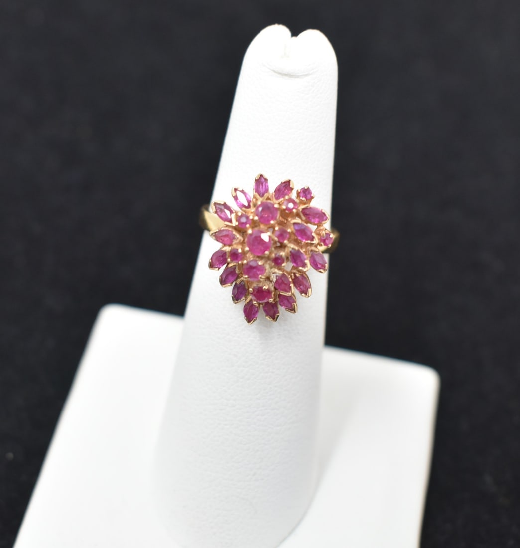 STUNNING 14K Yellow Gold & Ruby Cluster Cocktail Ring (1 of 7)