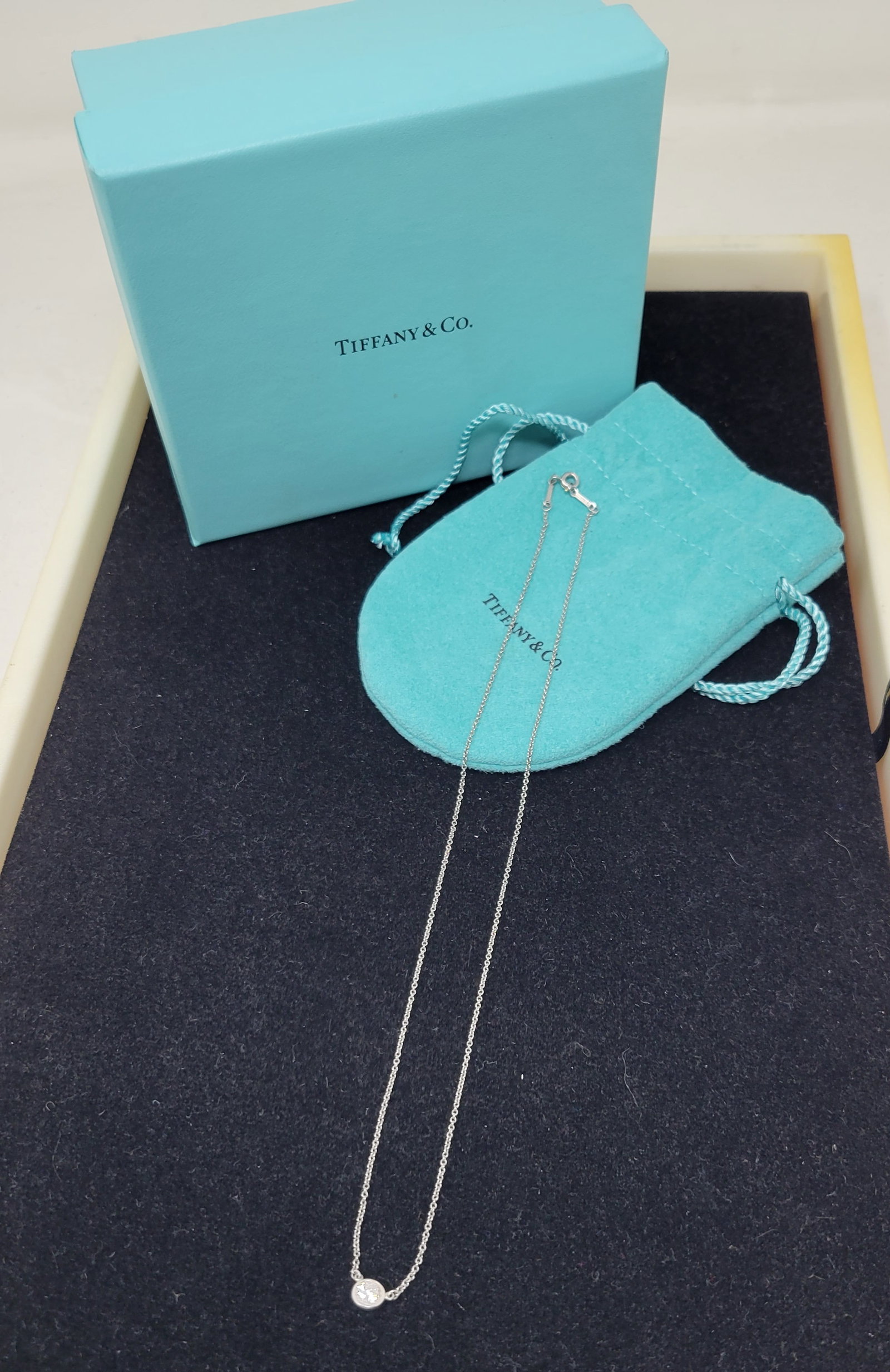 Tiffany & Co Elsa Peretti Platinum & Diamond "By the Yard" Necklace: Tiffany & Co. Elso Peretti Platinum and Diamond "By the Yard" 16.5" Necklace PT950. In very good condition with pouch and box.