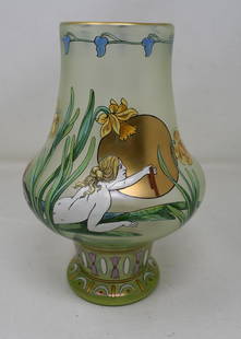 Beautiful Fritz Heckert Mermaid Vase Signed: Beautiful Fritz Heckert Enameled Glass Mermaid Vase signed. It measures 9" tall, in very nice condition.