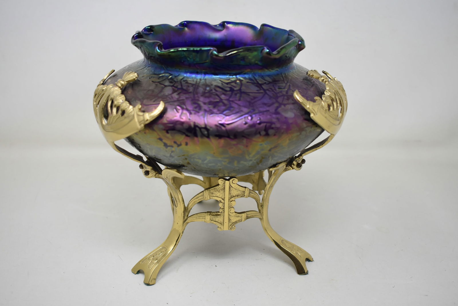 Stunning Iridescent Art Glass Vase in Brass Frame (1 of 5)