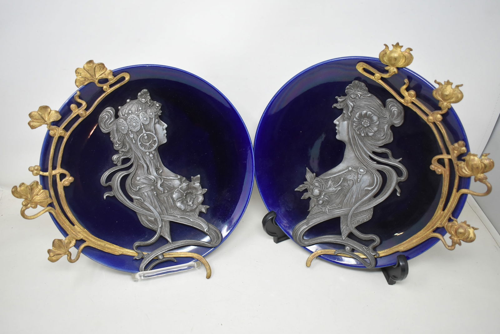 2 GORGEOUS Porcelain & Metal Art Nouveau Plates (1 of 6)