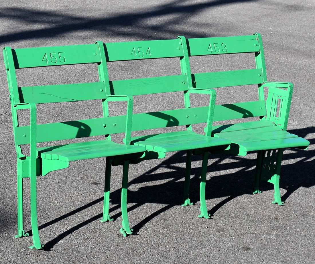 Seats From Old Comiskey White Sox Stadium Set of 3 Connected w/ Haywood Wakefield Iron End Piece (1 of 11)