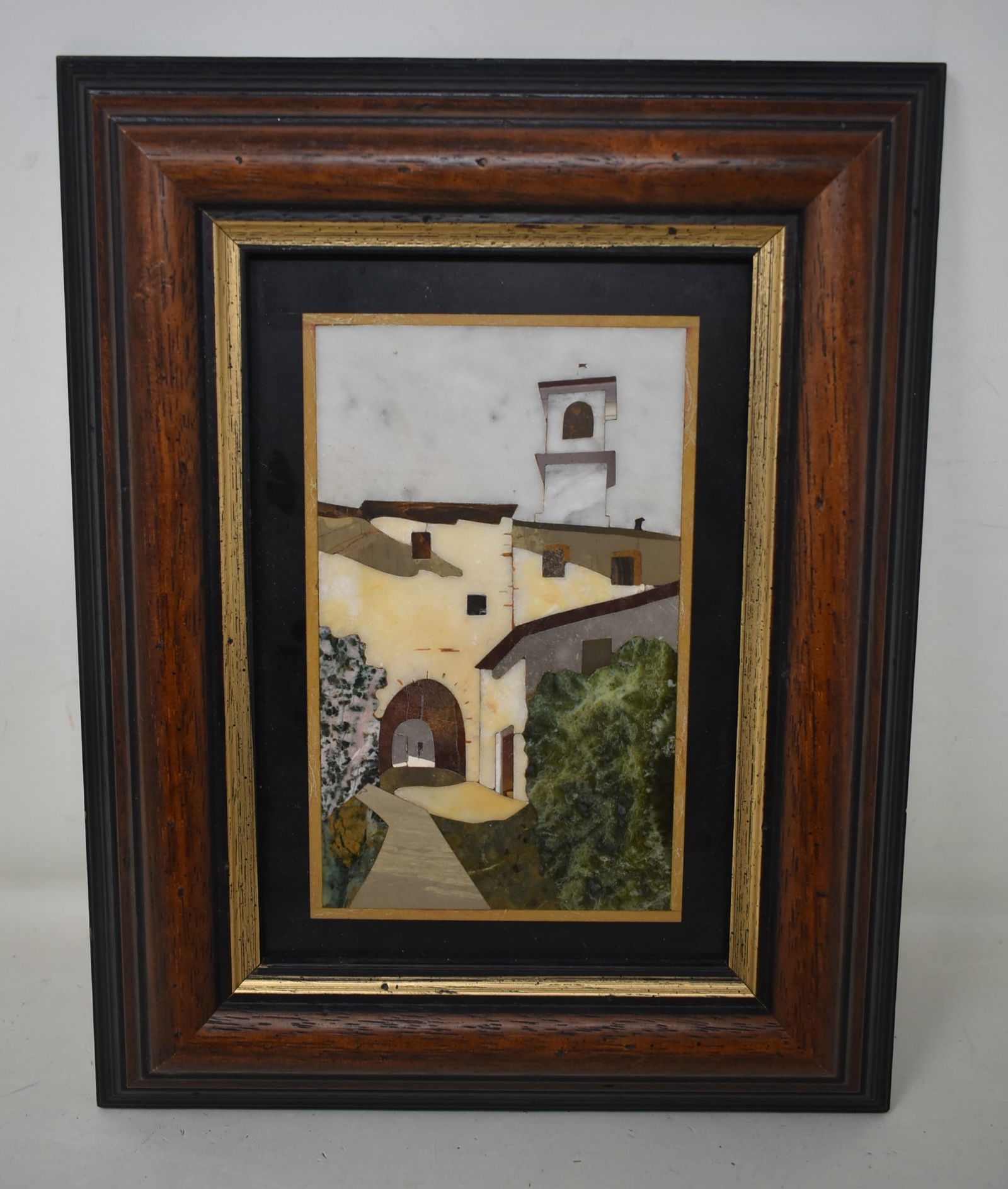 Florentine Mosiac Pietra Dura Tile Courtyard Scene: Florentine Mosiac Pietra Dura Tile, Courtyard Scene, Framed 9"x11", in nice condition.